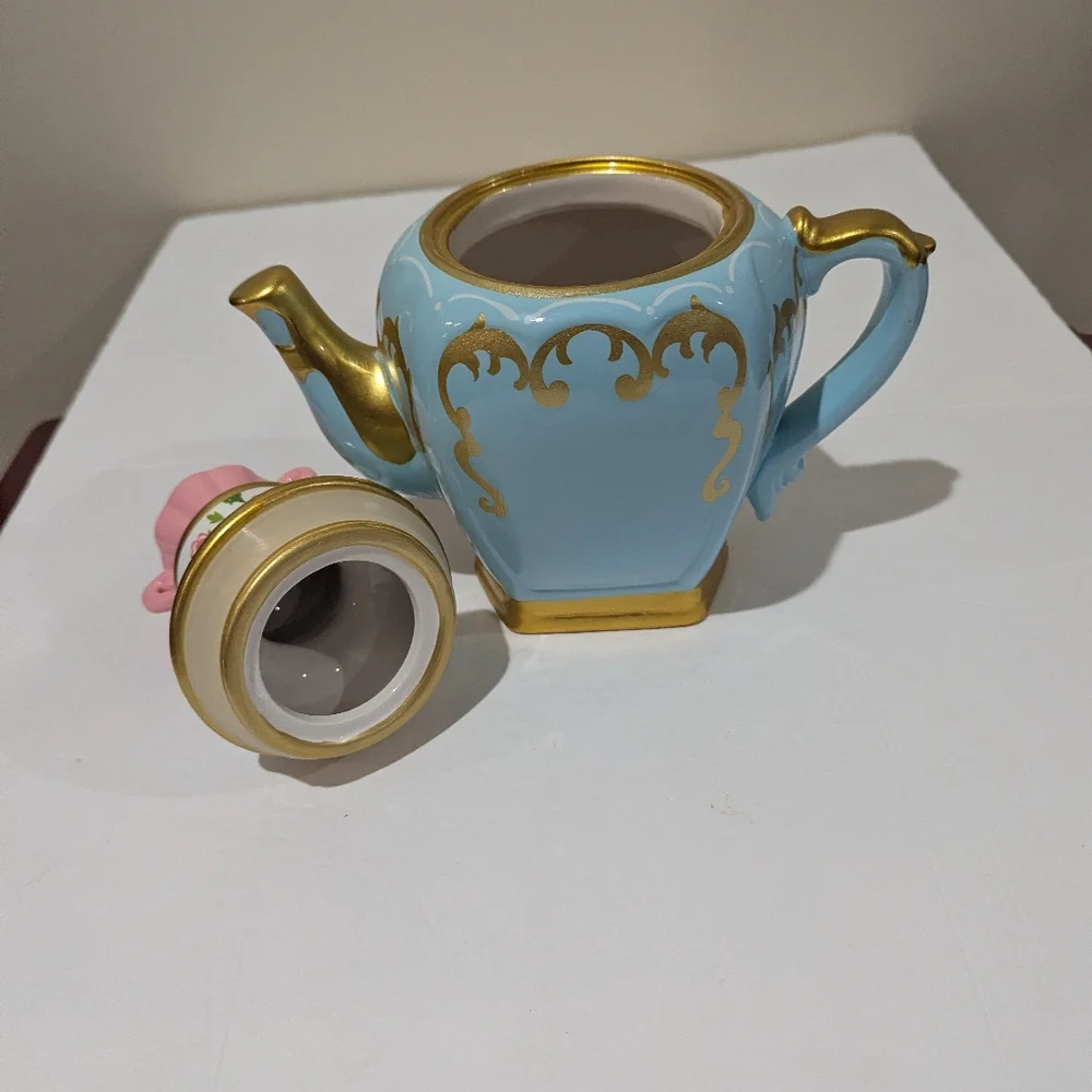 Alice In Wonderland, Elegant Blue and Gold Teapot with Pink Floral Lid 11"X9" - Picture 12 of 13